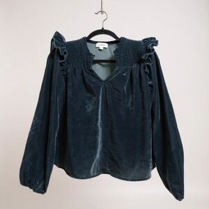 Evereve Yana Velvet Velour Smocked Ruffle V-Neck Popover Shirt, Size‎ S in Blue